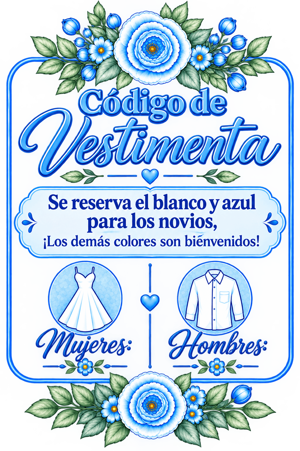 Código de vestimenta: será blanco tanto para hombres como para mujeres. Mujeres: vestido largo y hermoso, como siempre. Hombres: traje elegante, camisa de manga larga, muy guapo.